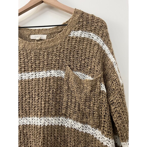 Onetheland Women's Tan White Stripe Knit Sweater Pocket Size S - Picture 3 of 9